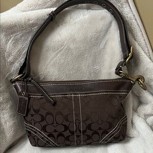 Coach Dark Brown Signature Canvas Shoulder Bag with Leather Trim